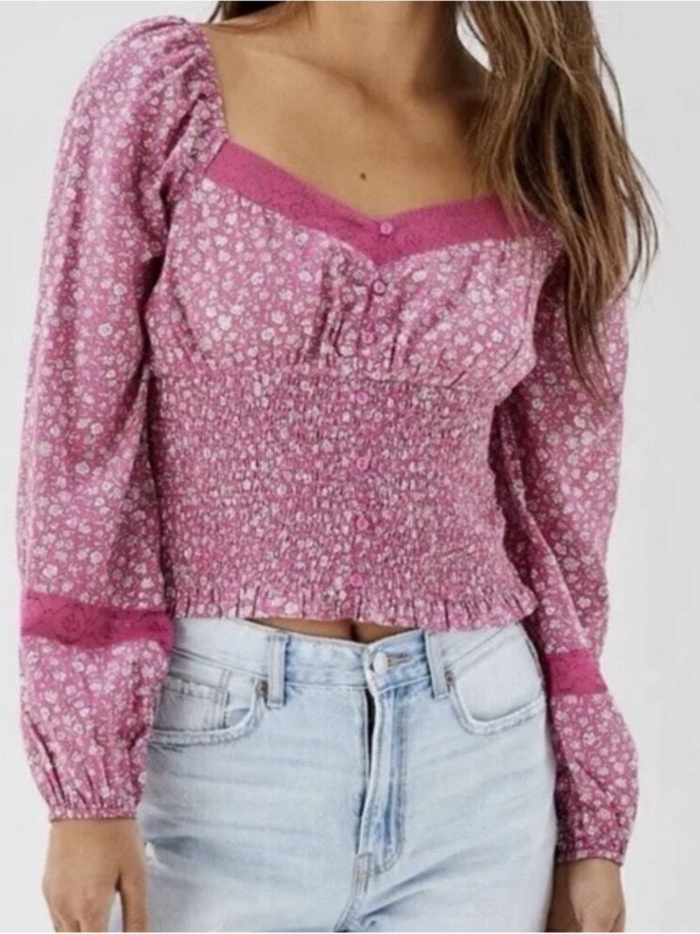 American Eagle Outfitters Pink Floral Smocked Lace-Trim Blouse